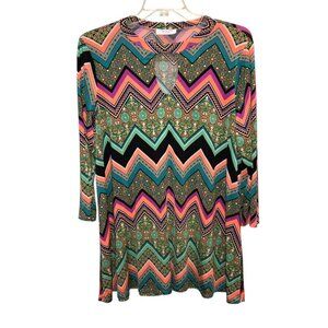 Janette Plus 2X Multicolor Geometric Retro Keyhole Long Sleeve Dress Tunic USA